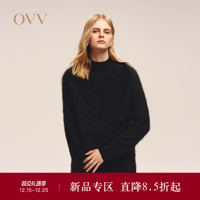 OVV2025秋冬新款女装优雅大气V领拉绒工艺长袖羊绒衫