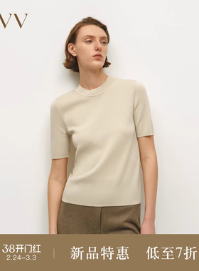 OVVOutlet秋冬热卖女装真丝羊毛混纺基础圆领休闲短袖针织衫