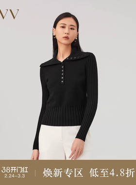 【黄金羊毛】OVVOutlet秋冬新款女丝毛翻领半开襟休闲长袖针织衫