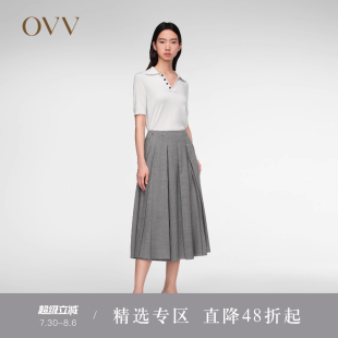 OVV2024春夏新款 饰A字百褶半身裙 女装 羊毛混纺铆钉装