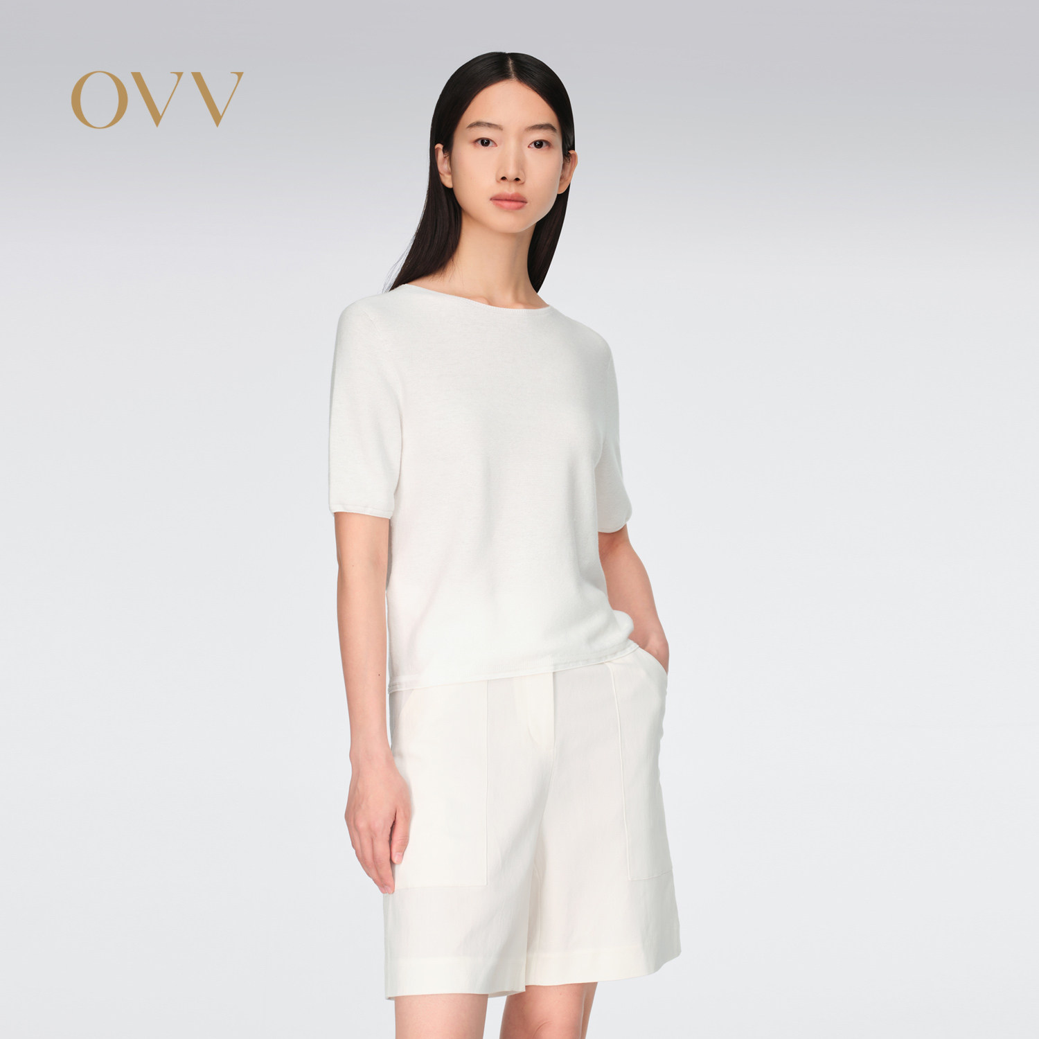 OVV春夏热卖女装棉质混纺圆领套头基础休闲短袖针织衫
