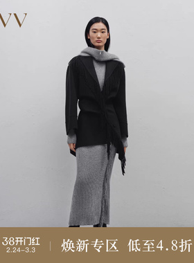 OVVOutlet秋冬新款女装流苏装饰边高支羊毛双面呢中长款大衣