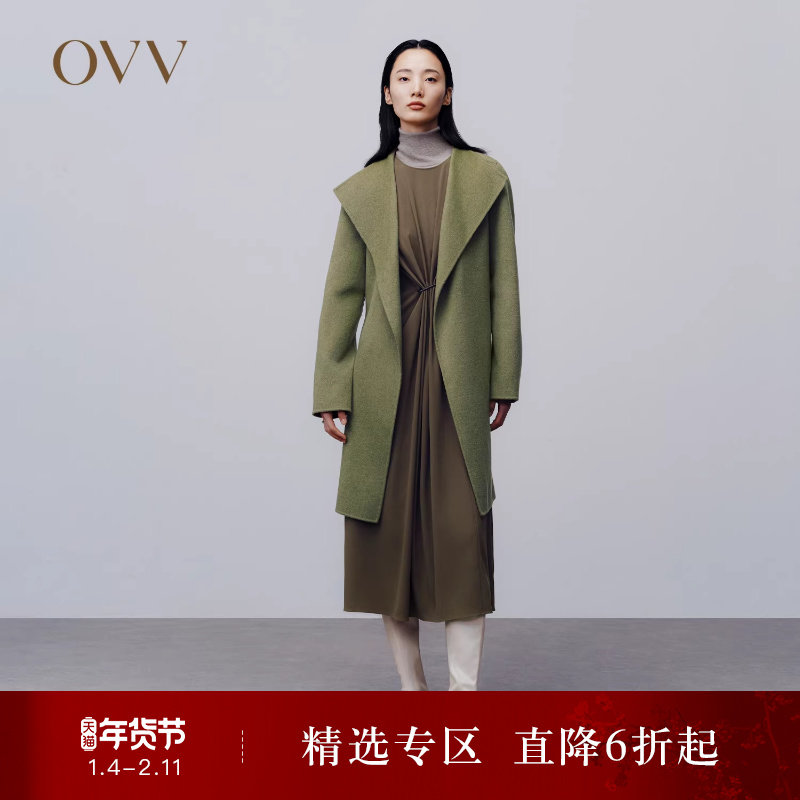 OVVOutlet秋冬女装优雅随性腰带慵懒睡袍式羊毛双面呢大衣