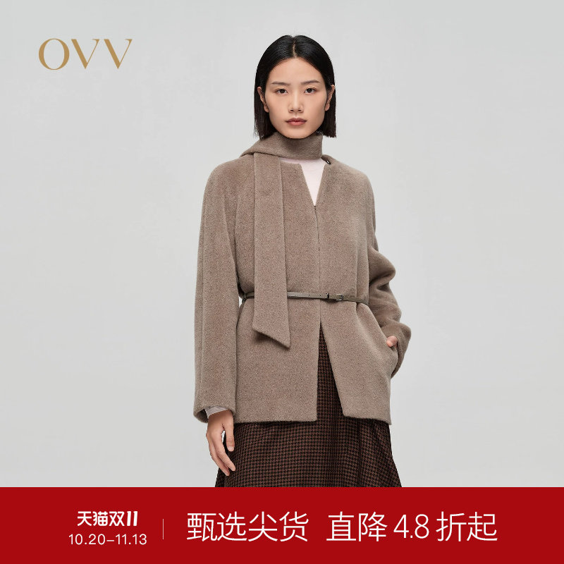 OVV秋冬热卖女装可拆卸围巾点缀随附腰带短款羊毛大衣