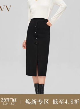 【可机洗黄金羊毛】OVVOutlet秋冬新款女装纽扣正侧两穿针织半裙