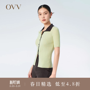 针织衫 OVV春夏热卖 休闲短袖 丝棉不对称撞色polo领时尚 女装