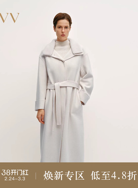 OVV秋冬热卖女装毛领设计随附腰带羊毛双面呢大衣