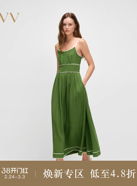 OVV2025春夏新款女装醋酸仿麻面料法式浪漫吊带大裙摆连衣裙