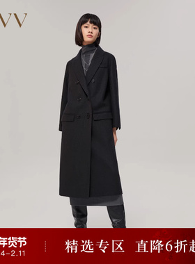 OVV Outlet秋冬女经典撞色复古双排扣长款亚麻羊毛混纺大衣
