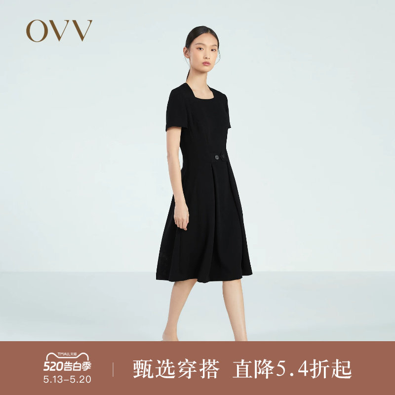 OVV春夏热卖女装十字纹醋酸复古优雅方领小黑裙短袖连衣裙