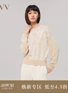 OVVOutlet秋冬女装提花刺绣落肩袖亲肤柔软水溶羊毛长袖针织衫