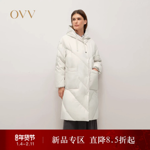 OVV2025秋冬新款女装缎面连帽设计休闲多色长款羽绒服
