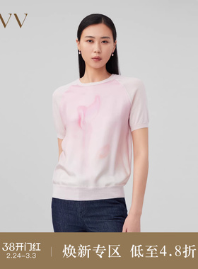 OVVOutlet秋冬新款女装植物印花真丝斜纹拼接短袖羊毛针织衫