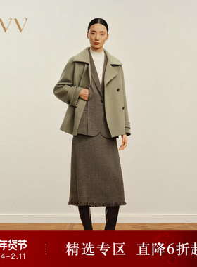 OVVOutlet秋冬热卖女装简约时髦翻领短款保暖羊毛双面呢大衣