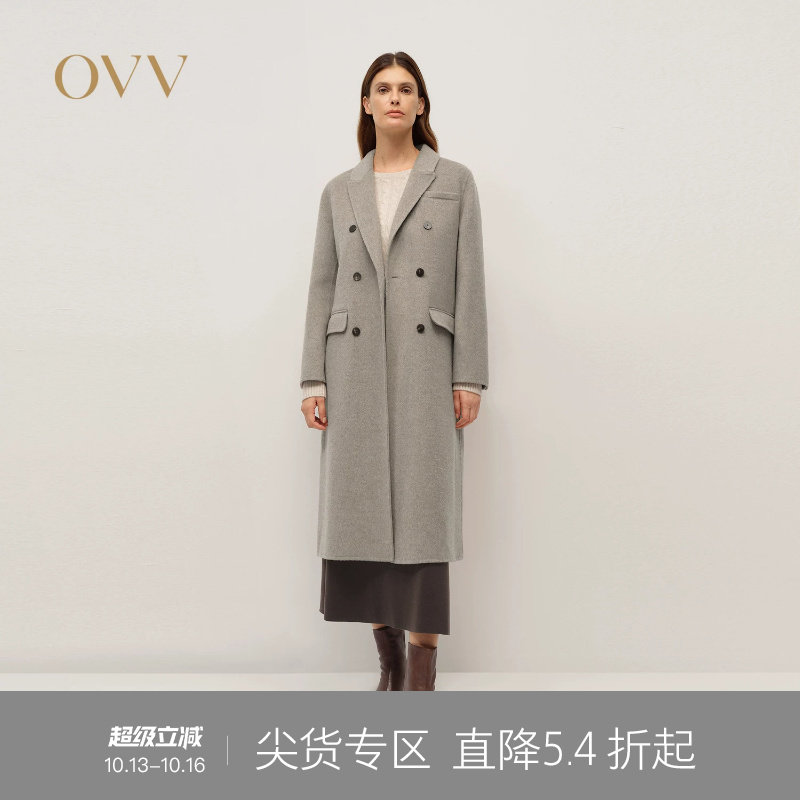 OVV秋冬热卖女装羊毛混纺戗驳领复古双排扣长大衣