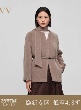 OVV秋冬热卖女装可拆卸围巾点缀随附腰带短款羊毛大衣