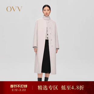 OVV秋冬热卖女装羊毛双面呢拼环保皮草配腰带长款大衣