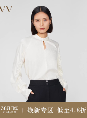 OVVOutlet秋冬新款女装21MM桑蚕丝莫代尔肌理感分割抽褶立领上衣