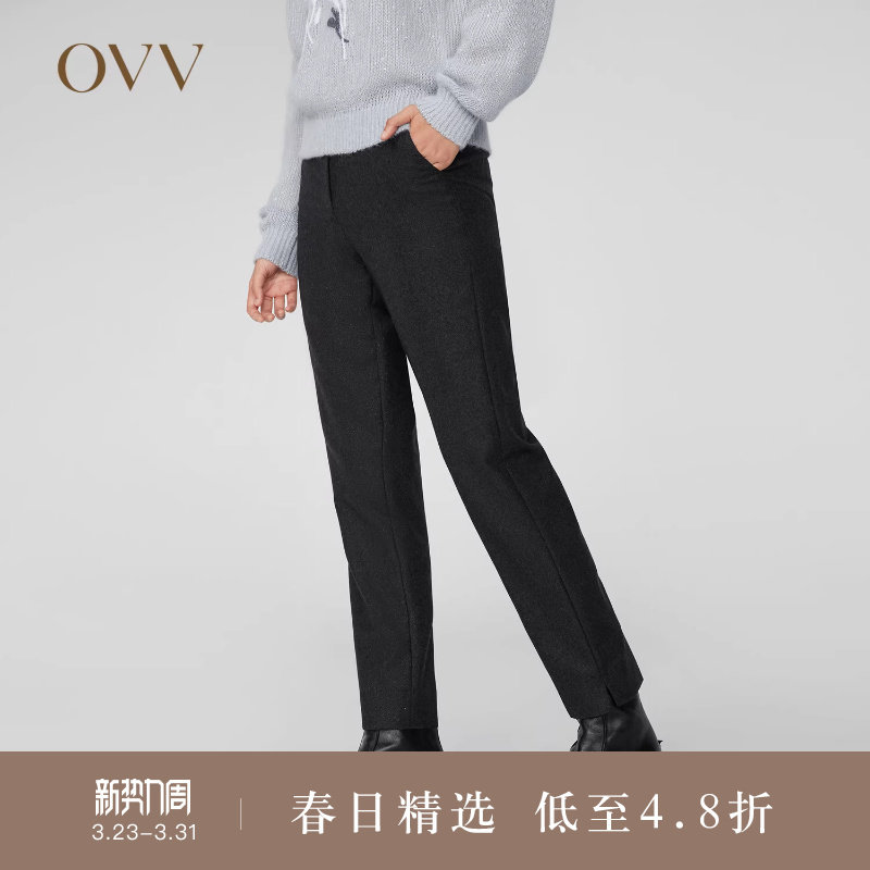 OVVOutlet秋冬新款女装法兰绒后腰橡筋脚口开衩套装西服裤子