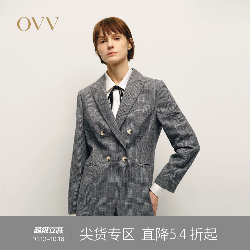 OVVOutlet秋冬热卖热卖女装双排扣戗驳领格纹设计休闲西服外套