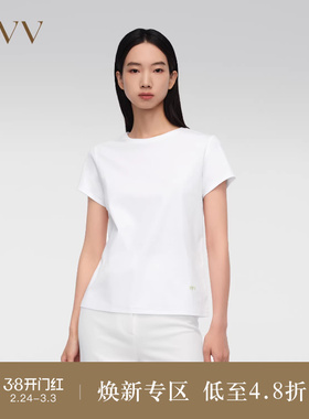 OVVOutlet春夏热卖女装简约舒适棉质刺绣基础圆领白色短袖T恤
