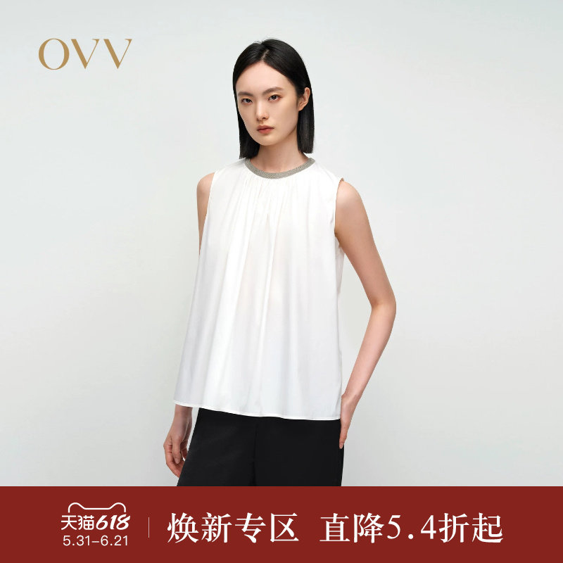 OVV2025春夏新款女装领口装饰设计简约优雅圆领无袖上衣