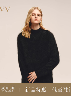 OVV2025秋冬新款女装优雅大气V领拉绒工艺长袖羊绒衫