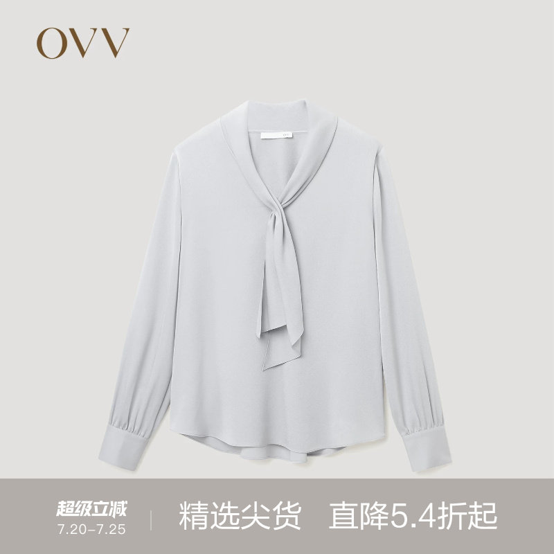 OVVOutlet秋冬热卖女装缎面醋酸V领飘带长袖休闲衬衫上衣
