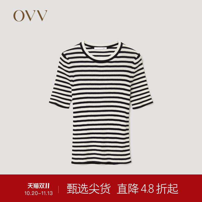 OVVOutlet秋冬热卖女装丝棉清爽条纹经典简约圆领短袖针织衫