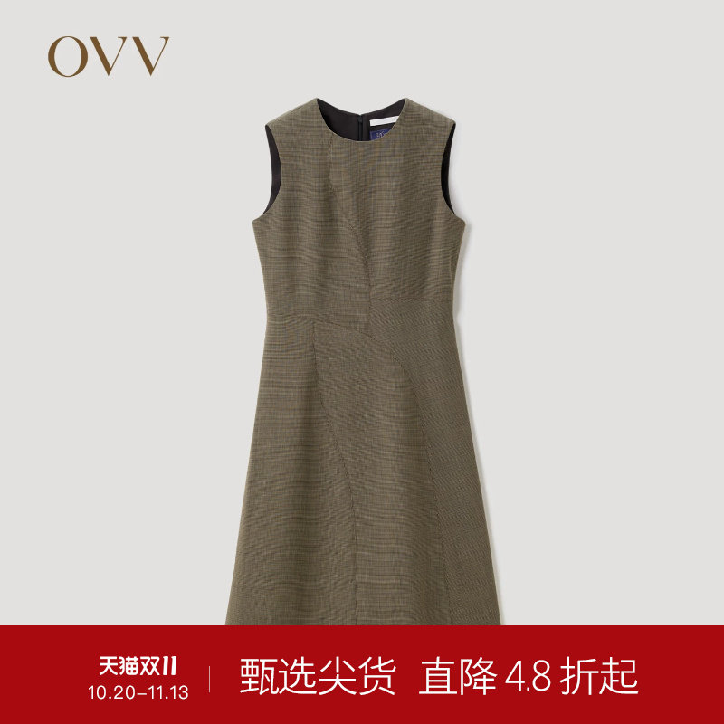 OVV秋冬女装土耳其进口羊毛面料优雅格纹无袖连衣裙