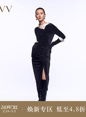 OVVOutlet秋冬新款女装醋酸丝绒单边抽绳设计六分袖长款连衣裙