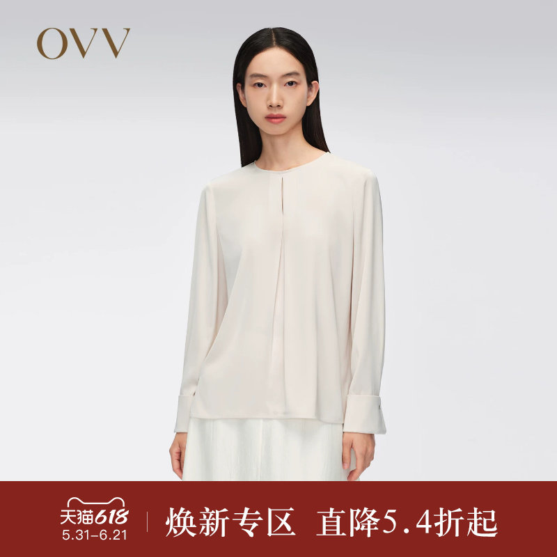 OVVOutlet春夏热卖女装混纺面料优雅圆领简约长袖衬衫上衣