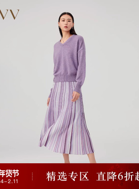 OVVOutlet秋冬新款时尚女渐变设计镶拼百褶羊毛针织休闲半身裙女