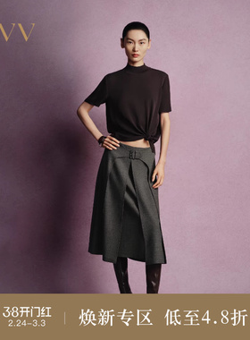 OVVOutlet秋冬热卖女装不规则格纹肌理感羊毛混纺A字半身裙