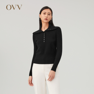 女丝毛翻领半开襟休闲长袖 OVVOutlet秋冬新款 针织衫 黄金羊毛