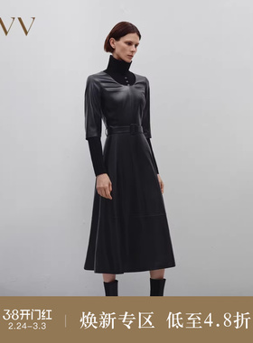 OVV Outlet 秋冬新款女U领中袖随附腰带中长款皮裙小黑裙连衣裙