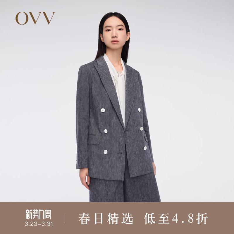OVV春夏热卖女装韩国进口亚麻混纺双排扣西服外套
