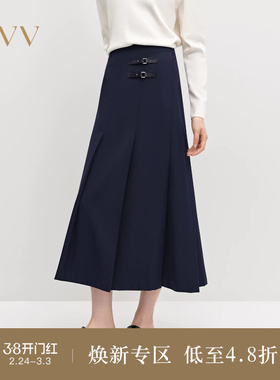 OVV秋冬热卖女装简约时髦斜向百褶皮袢装饰半身裙