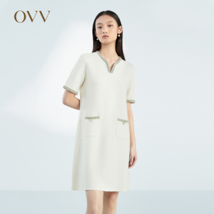 针织裙 撞色花纱镶边宽松V领羊毛短袖 OVVOutlet春夏热卖 女装