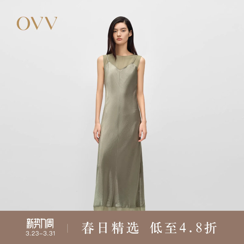 OVV2025春夏新款女装圆领雪纺纱拼接吊带缎面醋酸连衣裙