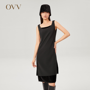 OVVOutlet秋冬日本进口闪光面料镶拼无袖小黑裙连衣裙