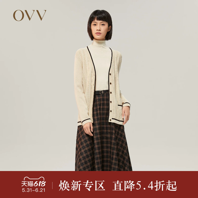 OVV Outlet秋冬女立体花型撞色优雅学院风针织开衫外套