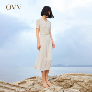 休闲弹力针织连衣裙 复古优雅翻领短袖 OVVOutlet春夏热卖 女装