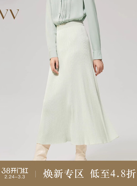OVV秋冬女装飘逸桑蚕丝长绒棉混纺松紧腰拼接半身裙