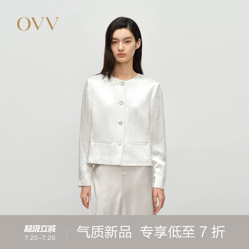 OVV2025春夏新款女装醋酸面料圆领经典直筒夹克休闲外套