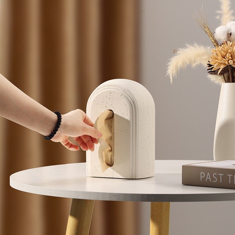 米白洞石纸巾盒高档轻奢客厅创意桌面餐桌家用艺术U感侘寂风抽纸