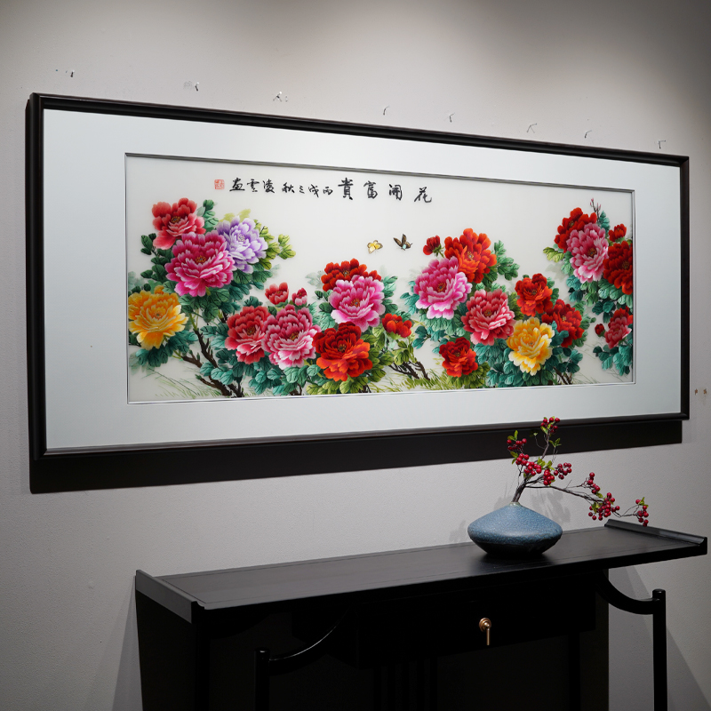 精品新中式风格中华牡丹图纯手工苏绣F刺绣挂画卧室沙发客厅装饰图片