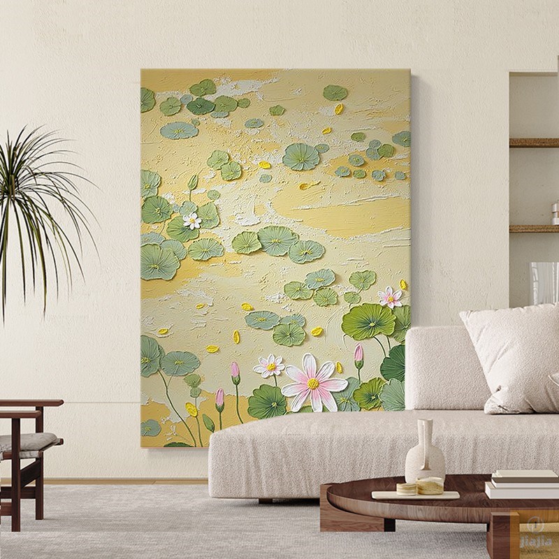 奶油风纯手绘油画抽象荷花客厅装饰画竖版K立体玄关大尺寸肌理挂图片