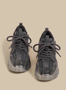 MEILING~厚底老爹鞋女秋冬季新款加绒鞋撑覆古增高水钻猪腰运动鞋