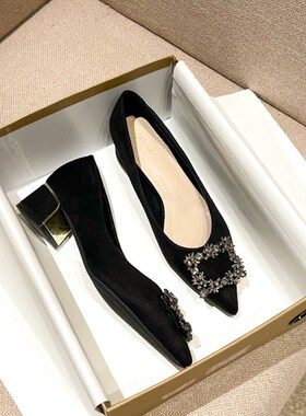 MEILING~高跟単鞵女2022年秋季新款粗跟尖头方扣水钻软皮职业単鞵